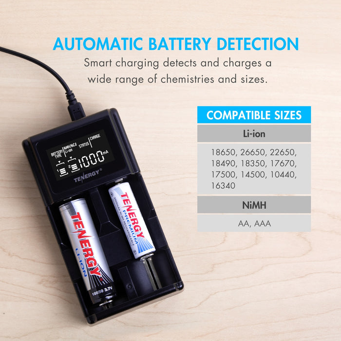 Tenergy TN471U 2-Bay Universal Battery Charger for Li-ion/NiMH with LCD, Micro USB input