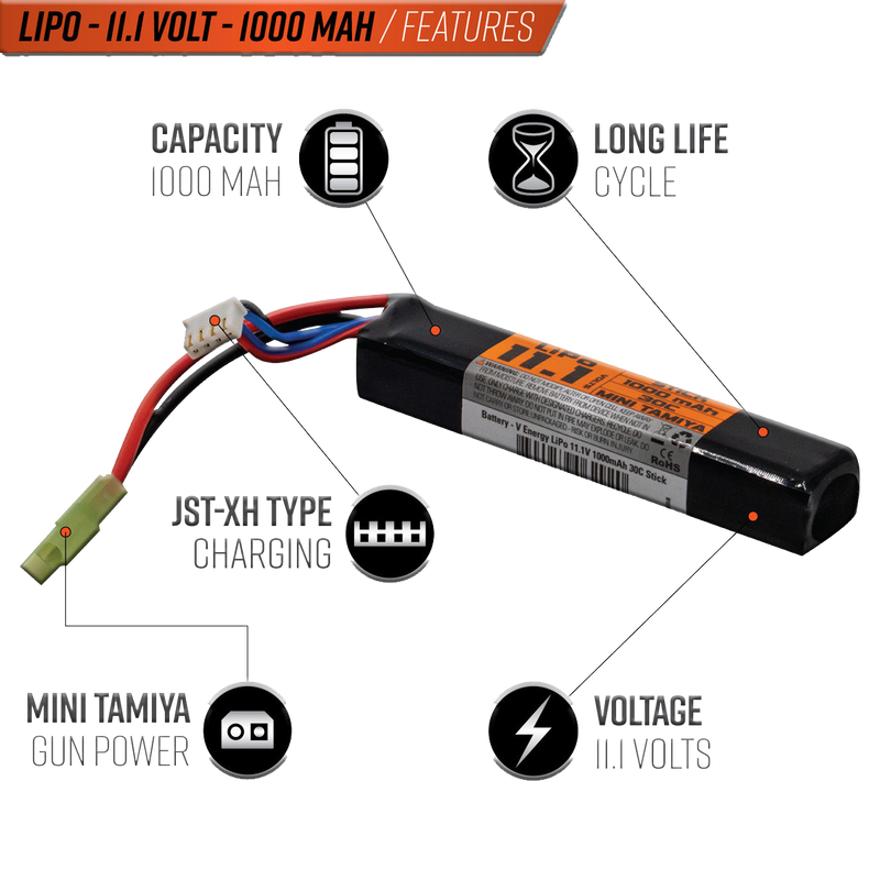 Valken LiPo 11.1v 1000mAh 15C/30C Stick Airsoft Battery (Small Tamiya)