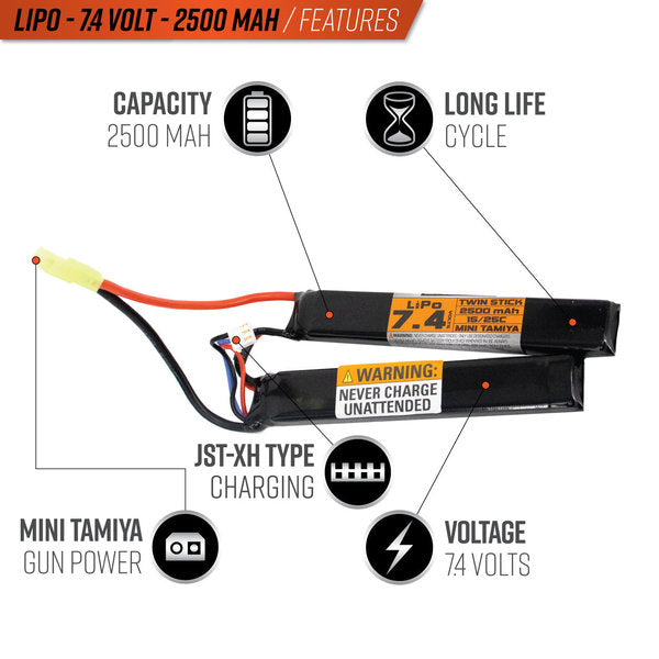 Valken Lipo 7.4v 2500mAh 15/25C Split