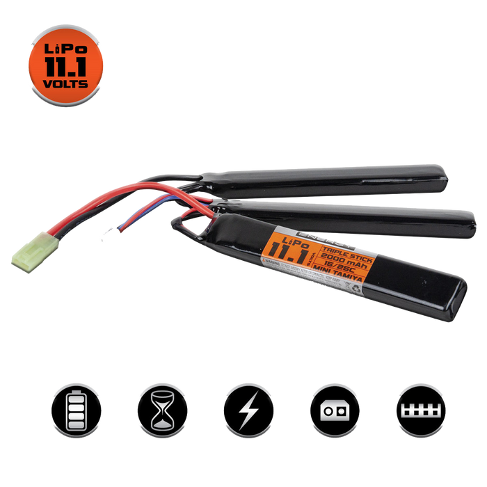 Valken LiPo 11.1V 2000mAh 25C Triple Split Airsoft Battery (Small Tamiya)