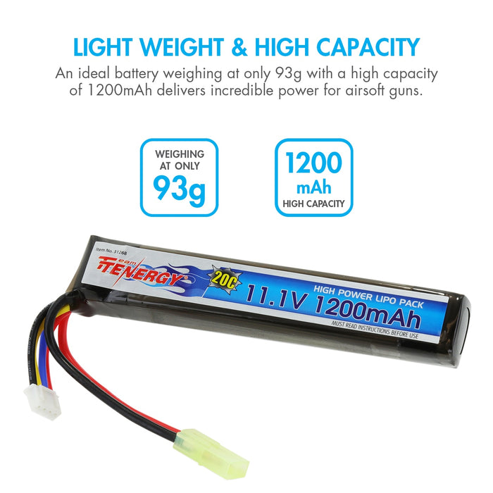 Tenergy LIPO 11.1V 1200mAh 20C Short Stick Airsoft Battery