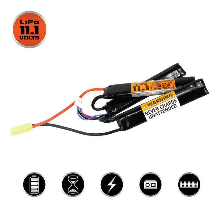 Valken LiPo 11.1v 1450mAh 30/50C Triple Split Battery (Small Tamiya)