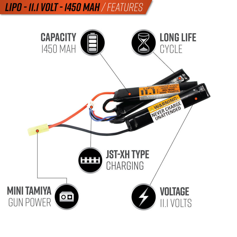 Valken LiPo 11.1v 1450mAh 30/50C Triple Split Battery (Small Tamiya)