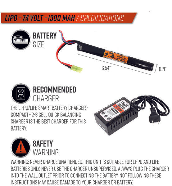 Valken LiPo 7.4V 1300mAh 50c Stick Airsoft Battery (Small Tamiya)