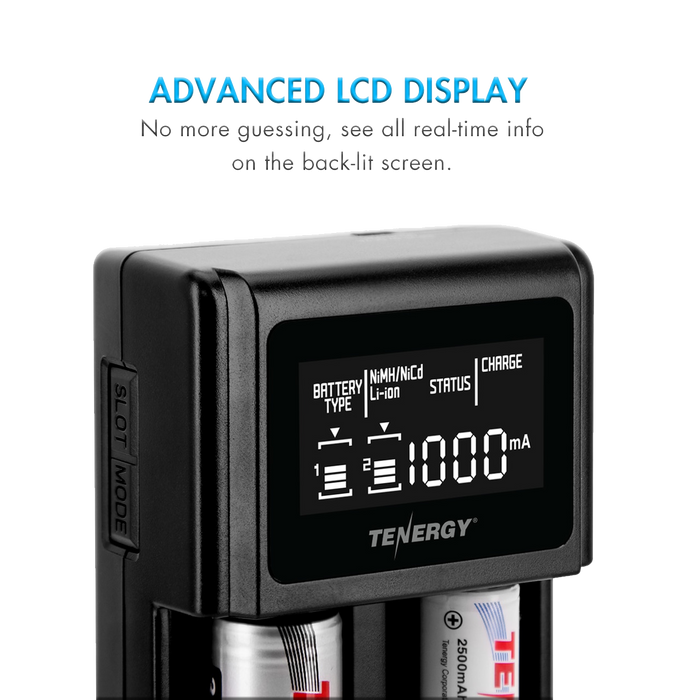 Tenergy TN471U 2-Bay Universal Battery Charger for Li-ion/NiMH with LCD, Micro USB input